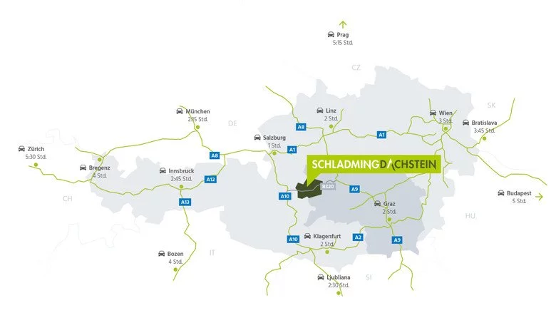 Map of Austria highlighting the Schladming-Dachstein region