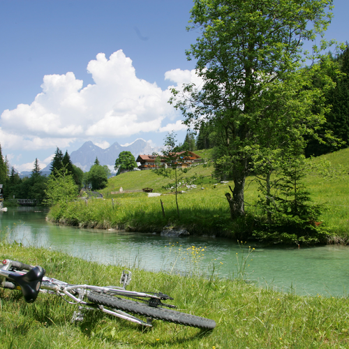 Bicycle lying on grassy riverbank by the water