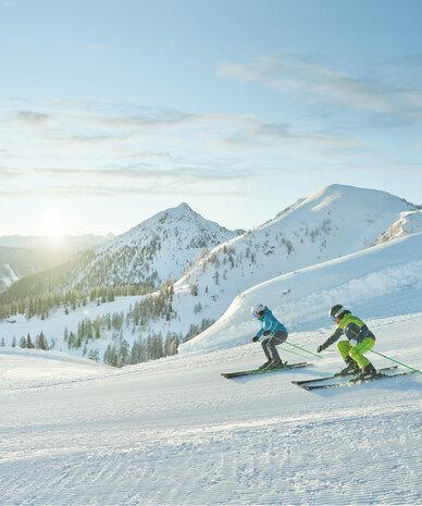 Two skiers descend a sunlit snowy mountain slope.