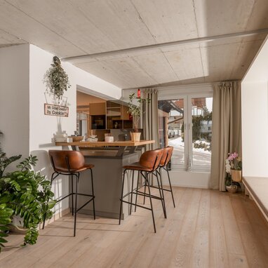 Modern kitchen nook with bar seating and plants.
