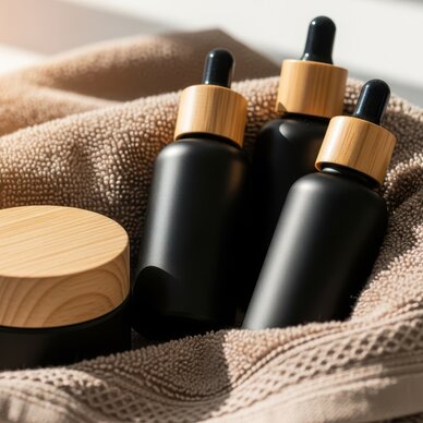 Set of black glass bottles with wooden caps on a towel