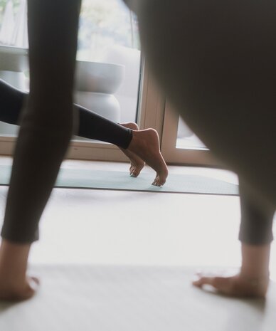 Yoga practitioners perform poses on mats by a window