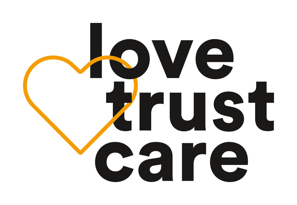 Bold black text love trust care with orange heart outline